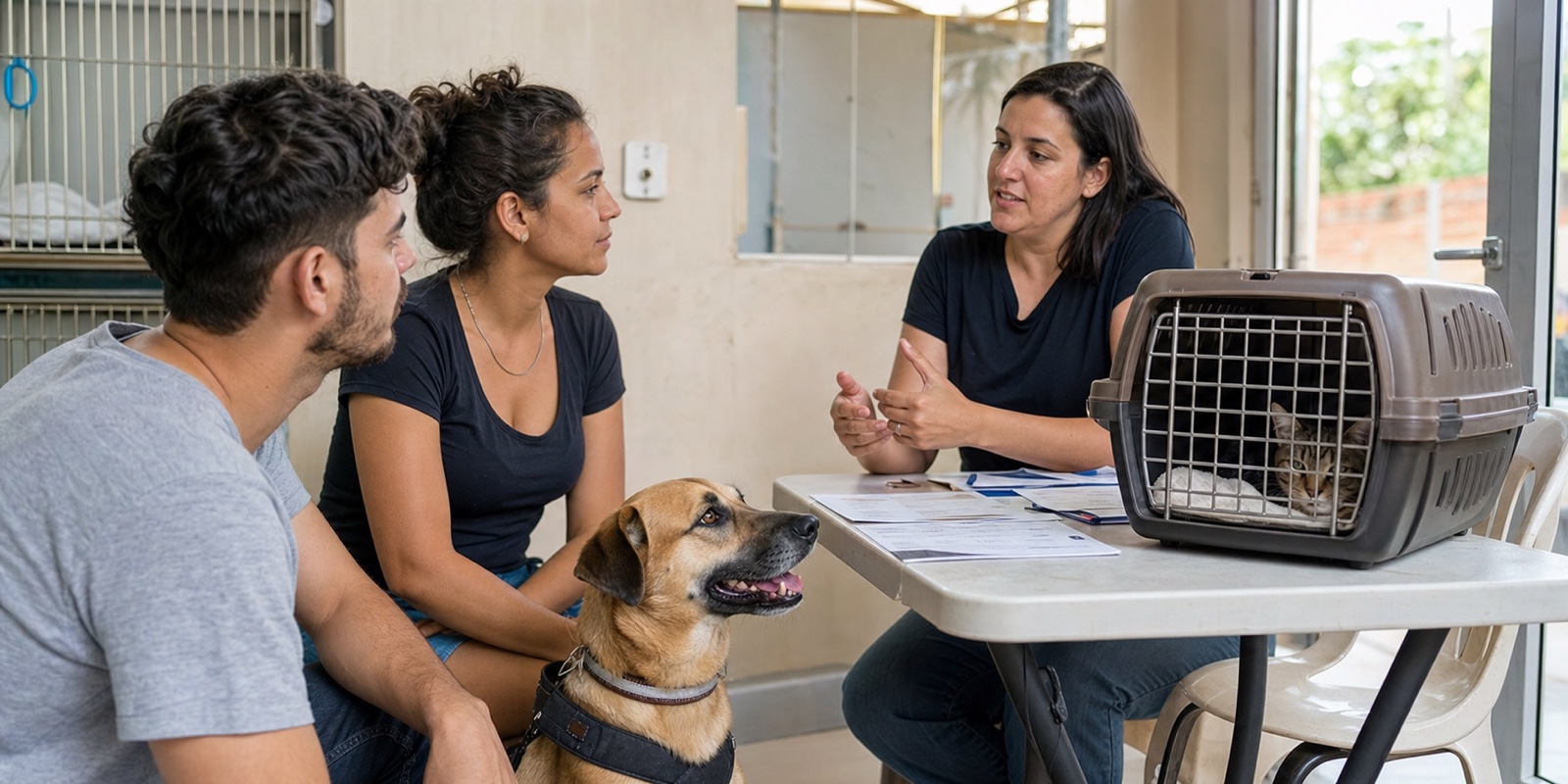 Voluntária orienta família sobre adoção responsável de cão com gato protegido em caixa de transporte.