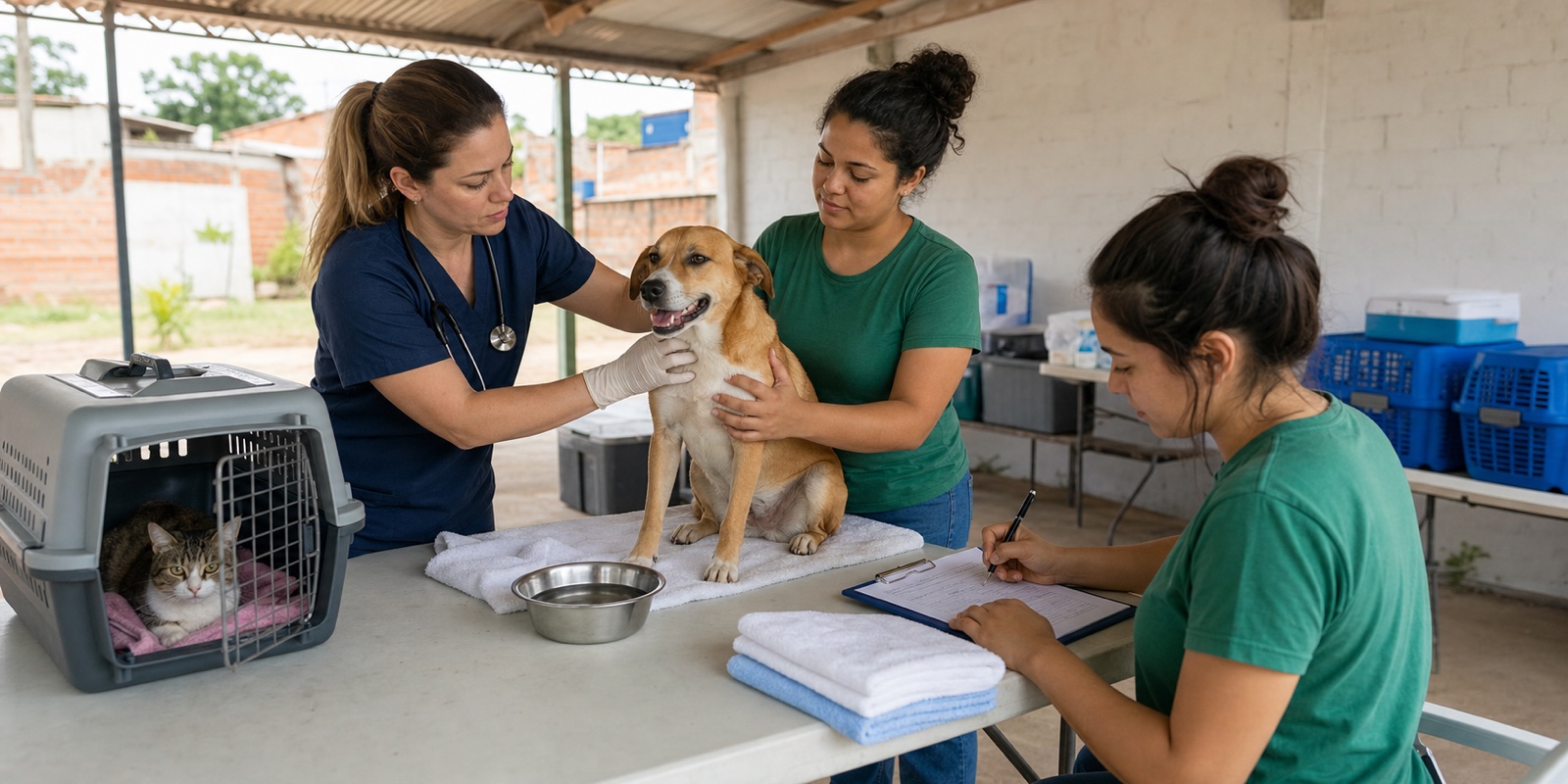 Veterinária e voluntárias fazem triagem de entrada em abrigo temporário para cães e gatos.