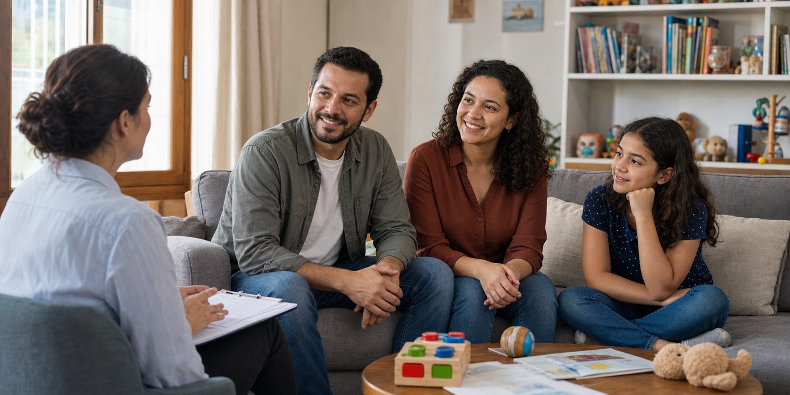 Família em preparação conversa com orientadora sobre critérios responsáveis para adoção.