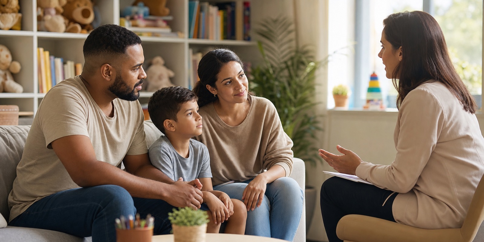 Família conversa com profissional sobre cuidado integral na adoção pró-vida.