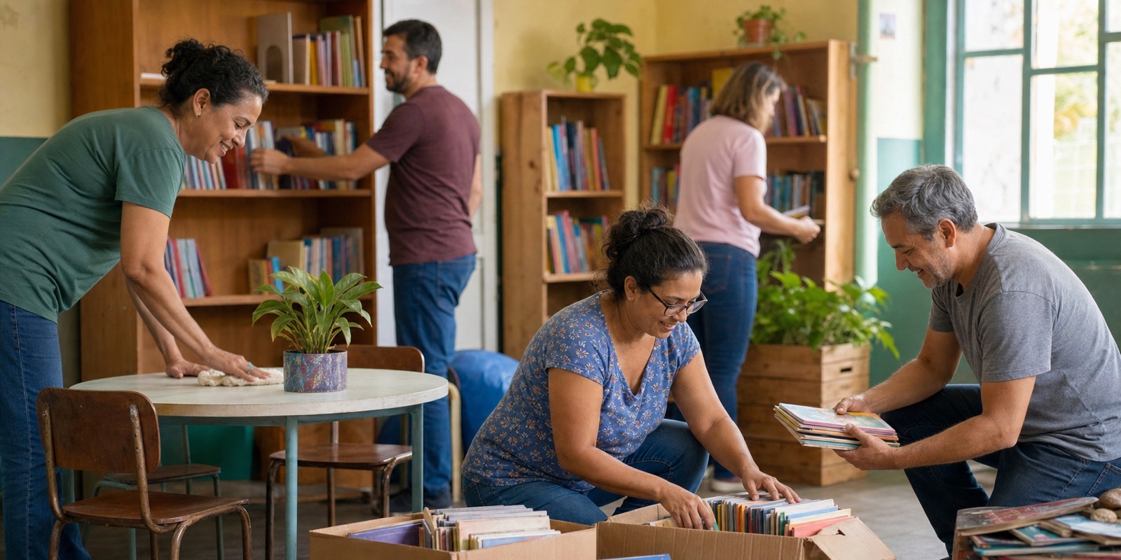 APM escolar com voluntários organizando livros e materiais em espaço de leitura.