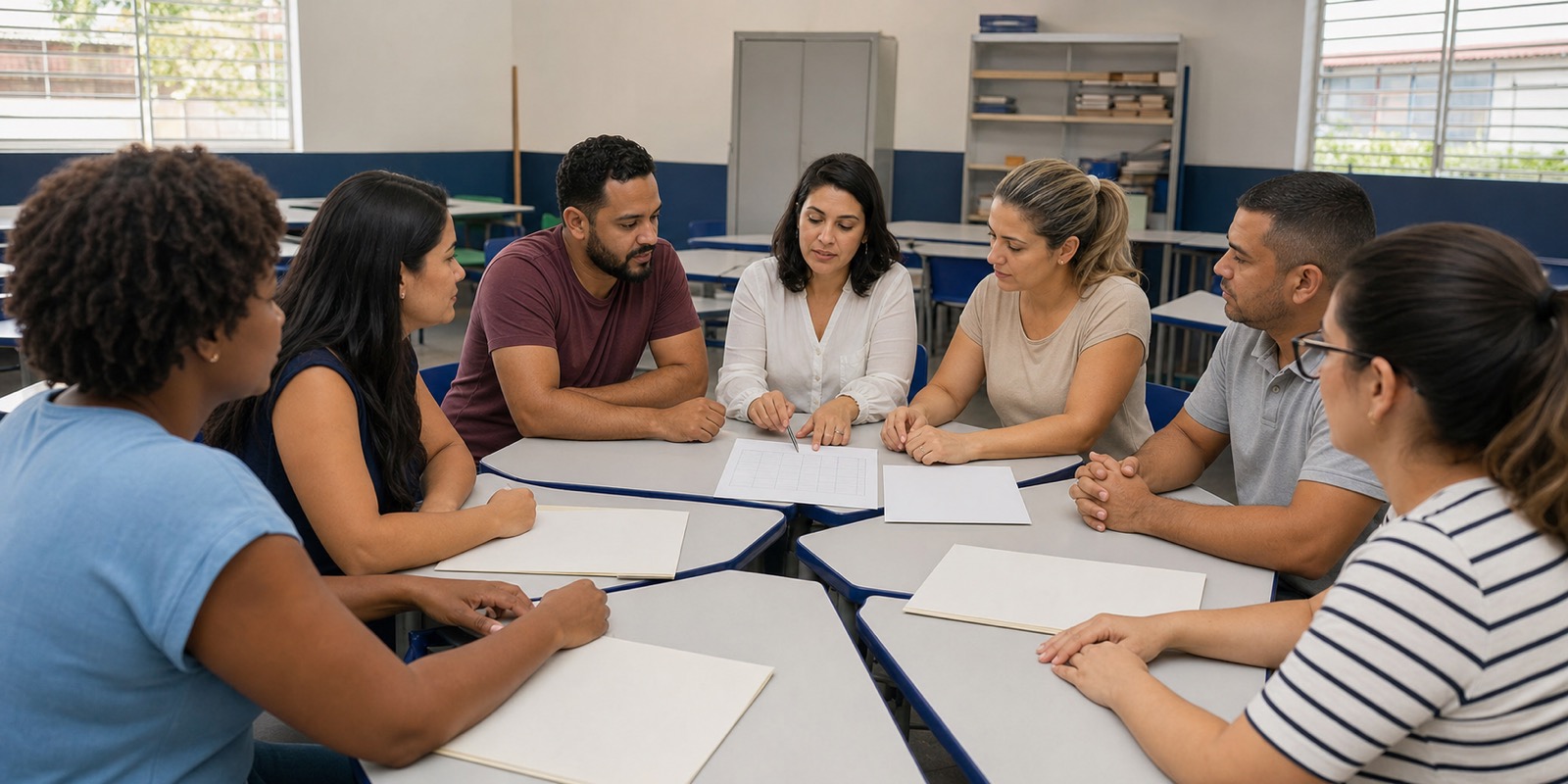 APM escolar em encontro de planejamento com pais e equipe pedagógica.