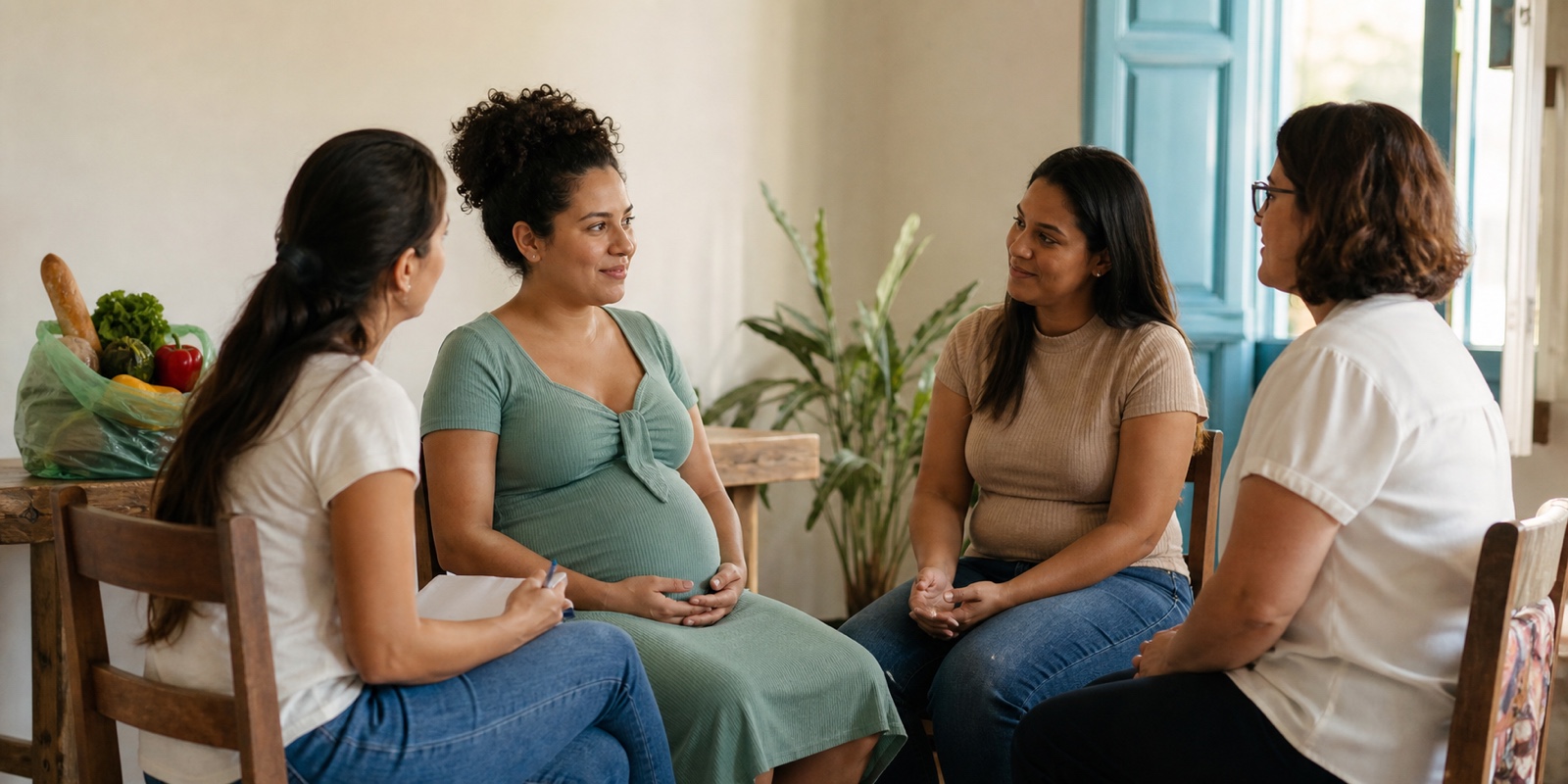 Gestante conversa em espaço comunitário reservado com mulheres de apoio e voluntária.