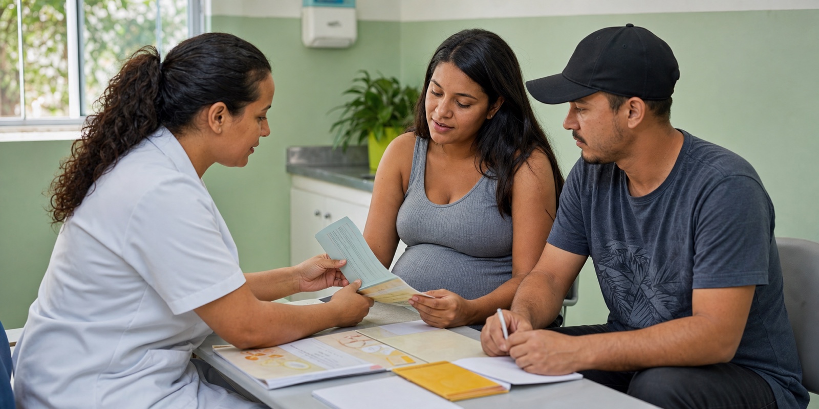 Gestante revisa documentos de pré-natal com profissional de saúde e acompanhante familiar.