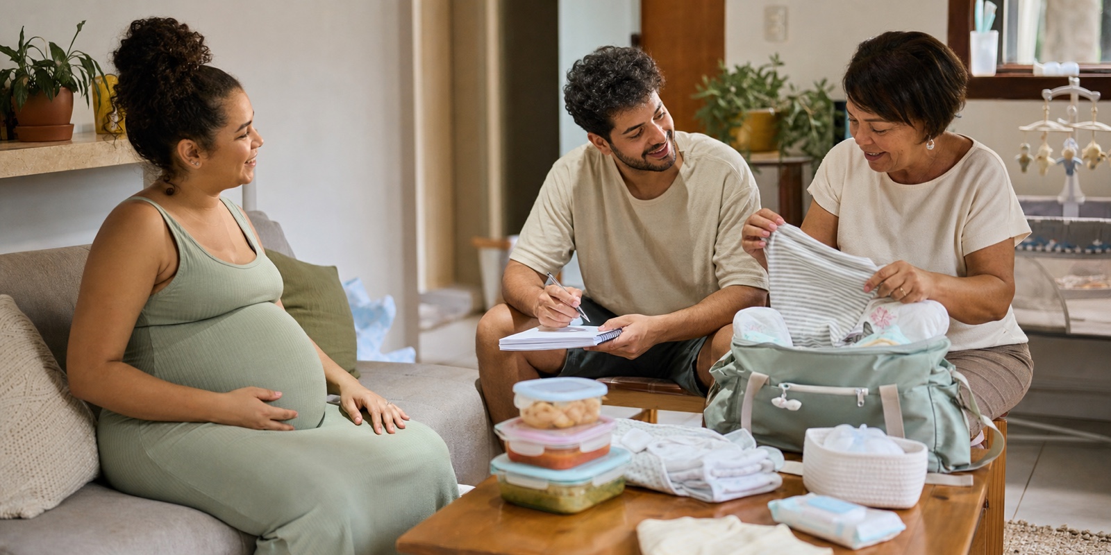 Gestante e familiares organizam itens do bebê e tarefas para o período pós-parto.