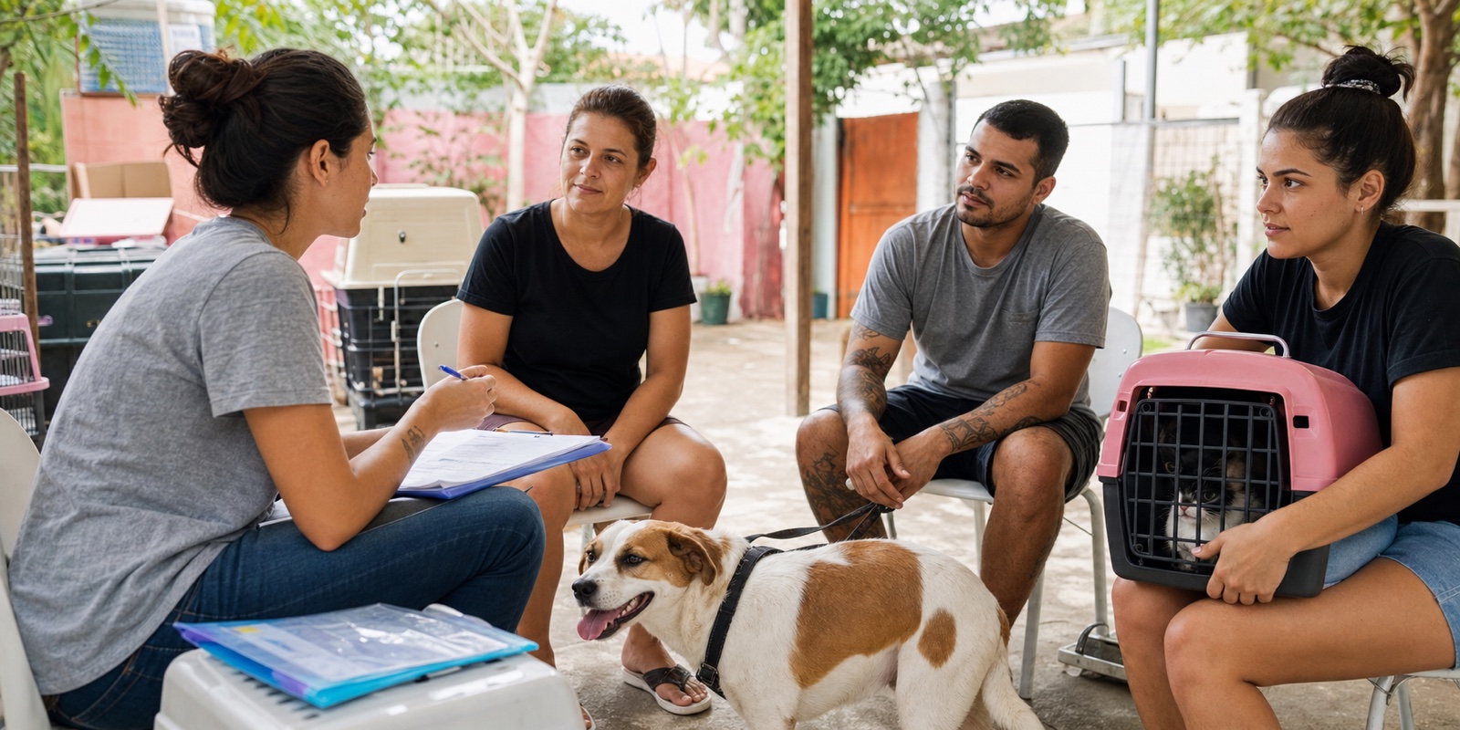Voluntária orienta família sobre adoção responsável em ONG de proteção animal.