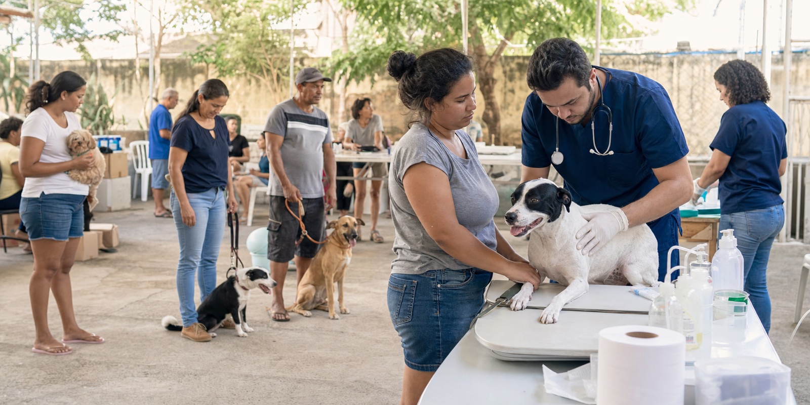 Veterinário atende cão em ação comunitária de apoio a ONGs de proteção animal.