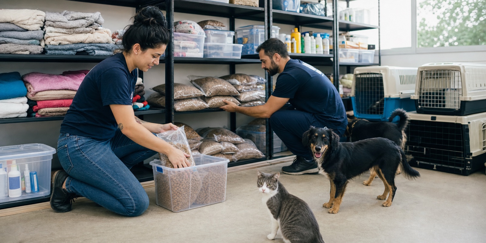Voluntários organizam ração, cobertores e caixas de transporte em ONG de proteção animal.