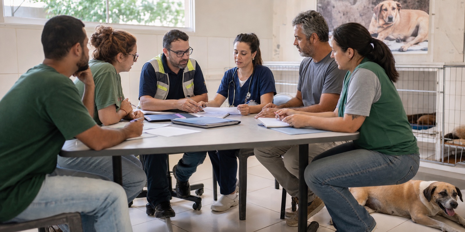 Apoio a ONGs em reunião de plano de trabalho com voluntários, veterinária e equipe técnica de proteção animal.