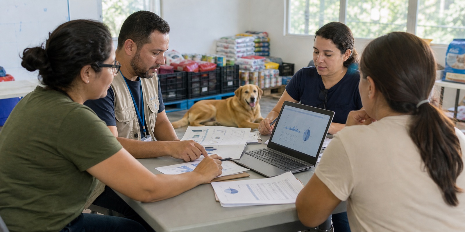 Equipe revisa documentos e resultados de apoio a ONGs de proteção animal com cão em ambiente seguro.