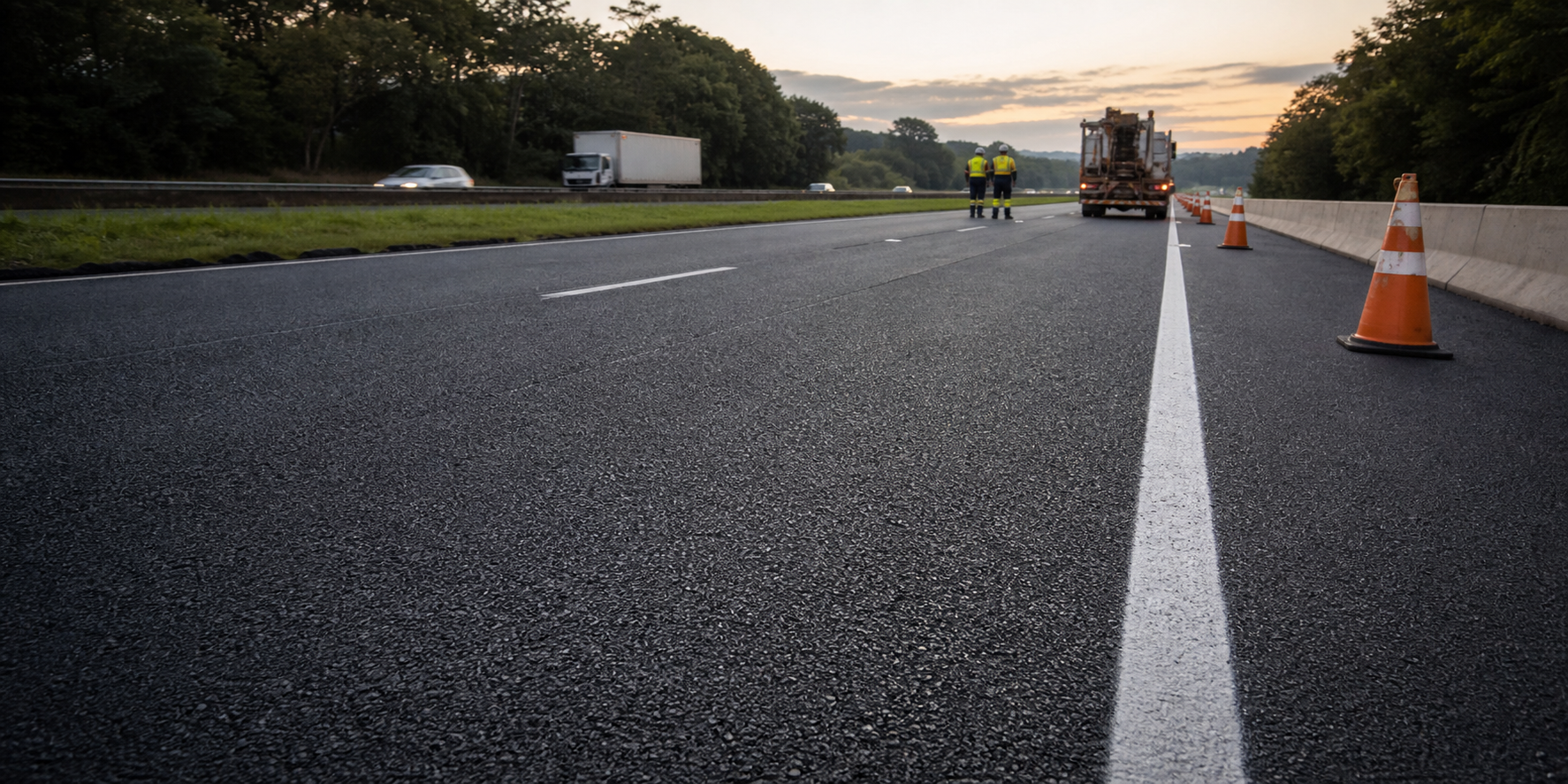 Faixa de rodovia com asfalto renovado e sinalização de obra
