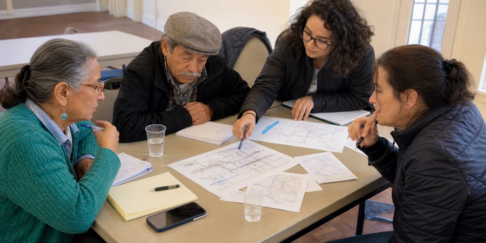 Moradores analisam mapas e dados de rotas para preparar uma audiência pública no transporte.