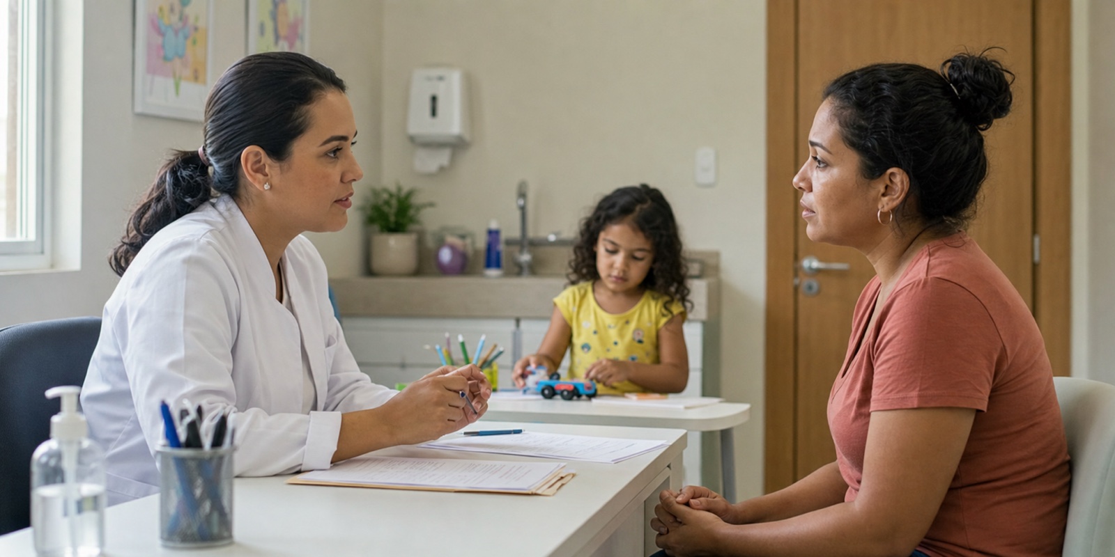Profissional de saúde conversa com mãe atípica sobre sinais de esgotamento e autocuidado.