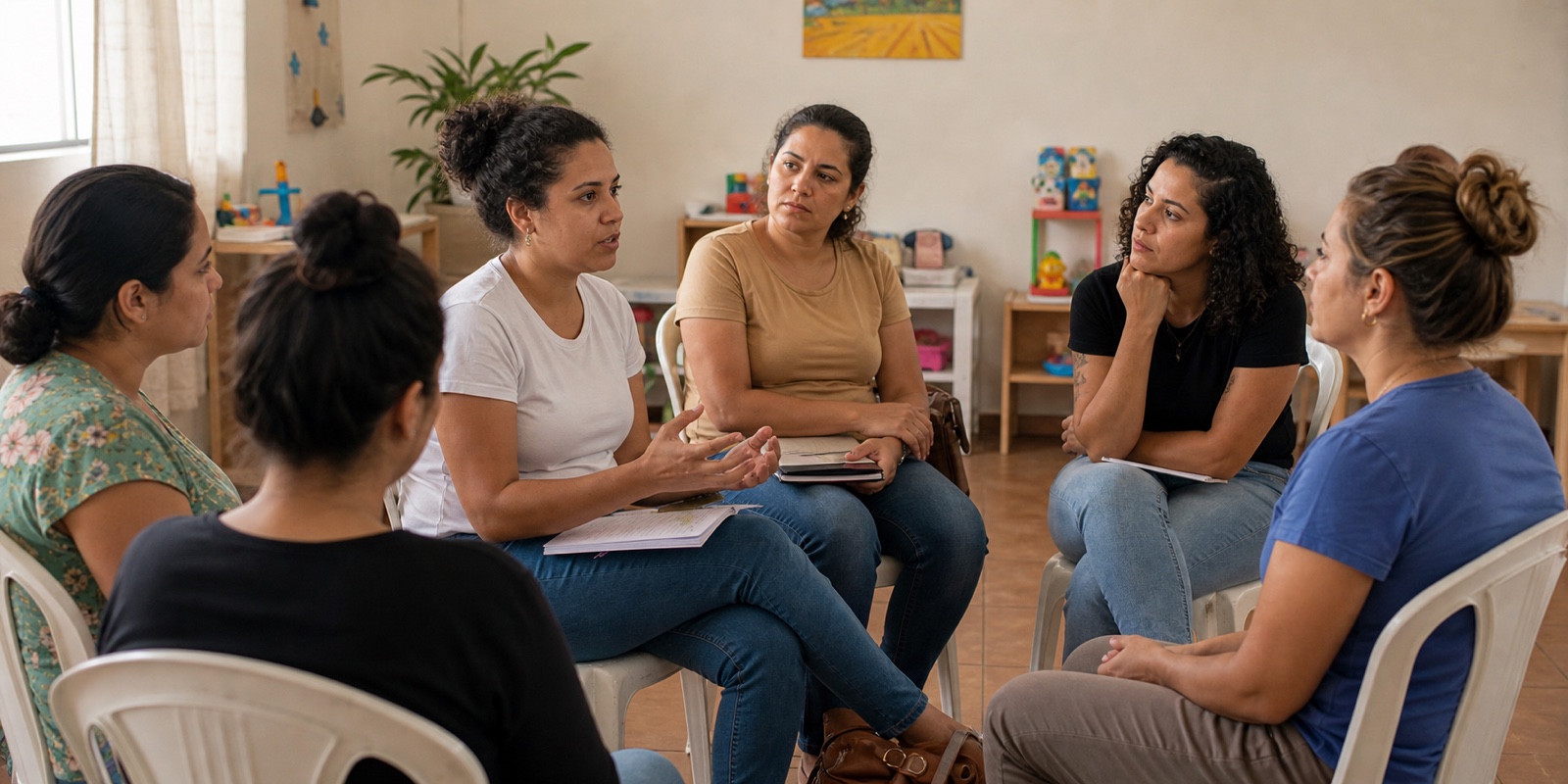 Grupo de apoio acolhe mães atípicas em conversa comunitária sobre saúde mental.