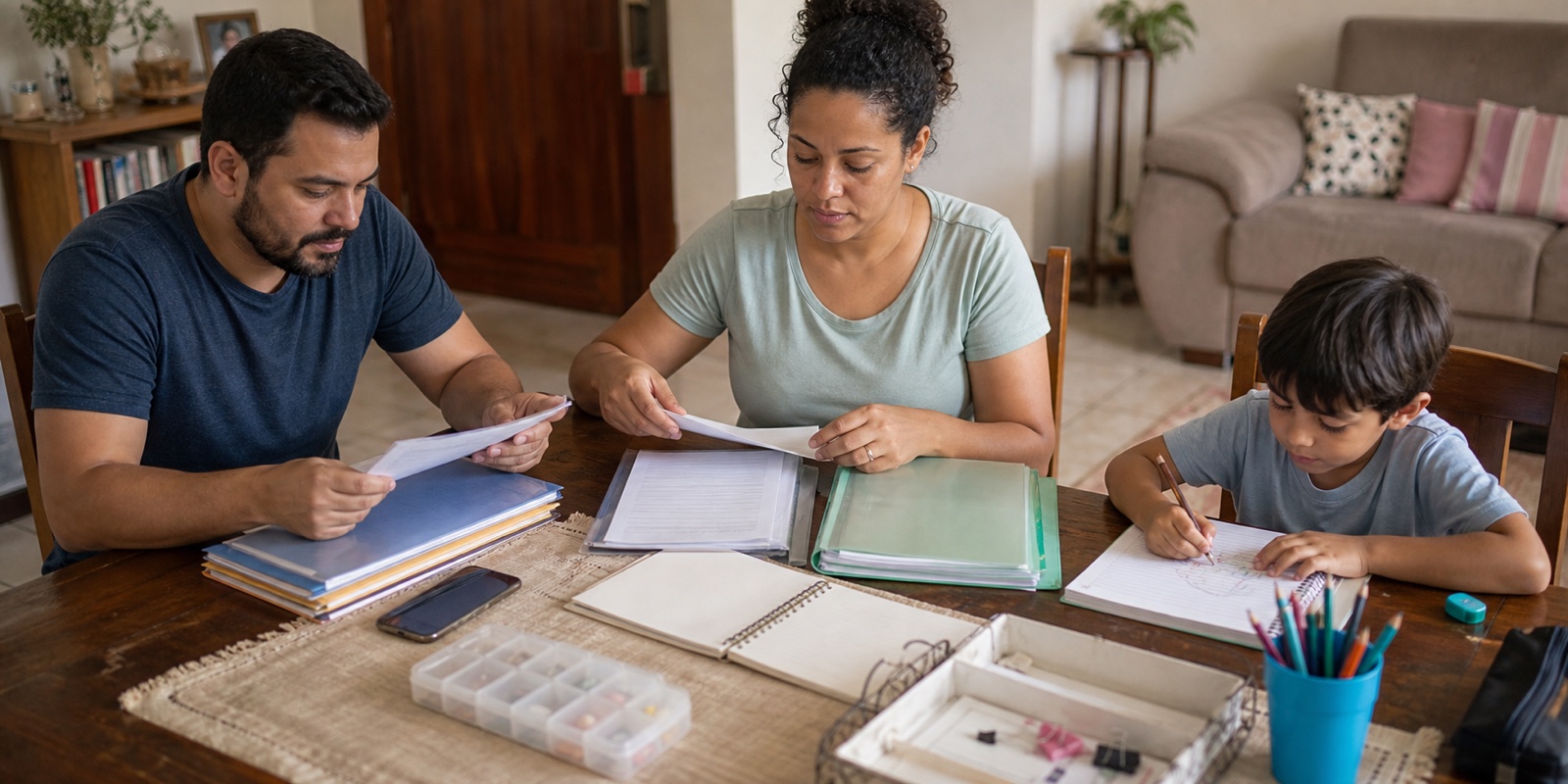 Família organiza documentos e anotações para dividir a rotina de cuidado.