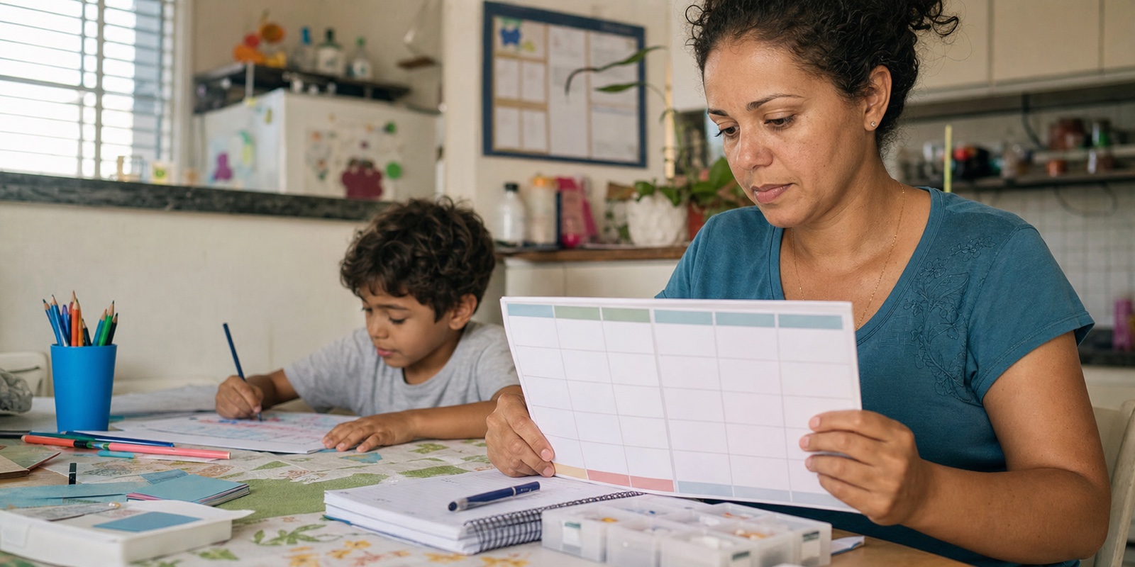 Mãe atípica observa a agenda da família com expressão de cansaço e busca de organização.