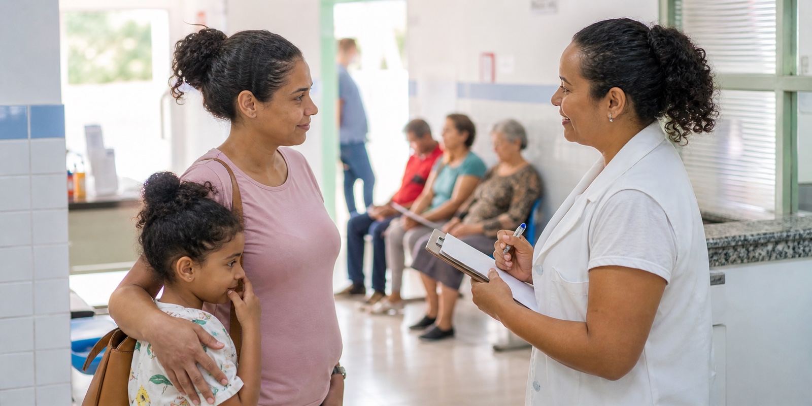 Mãe atípica recebe acolhimento em unidade de saúde com filho ao lado.