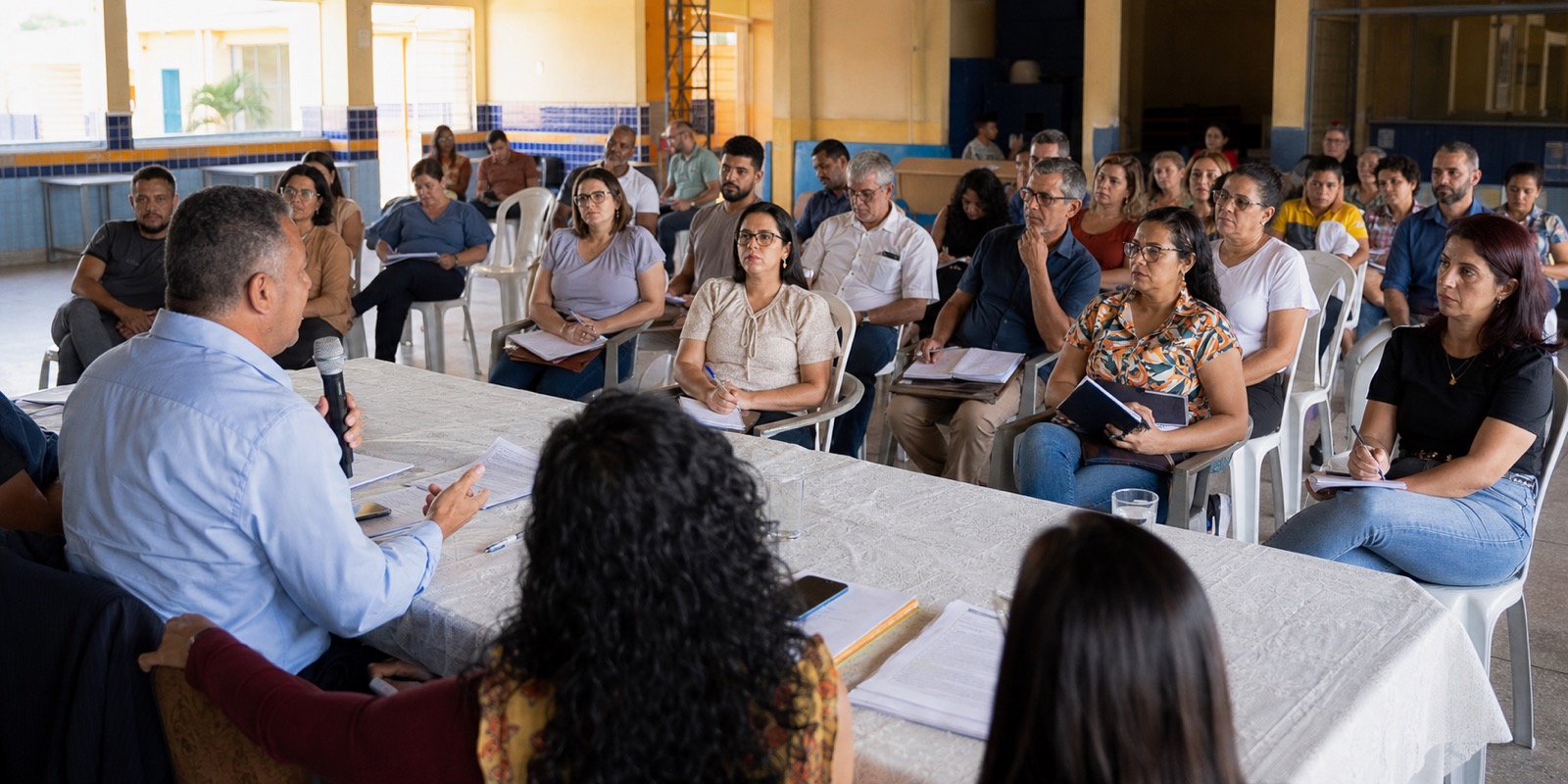 Audiência pública sobre Câmara Municipal na educação com famílias acompanhando a discussão.