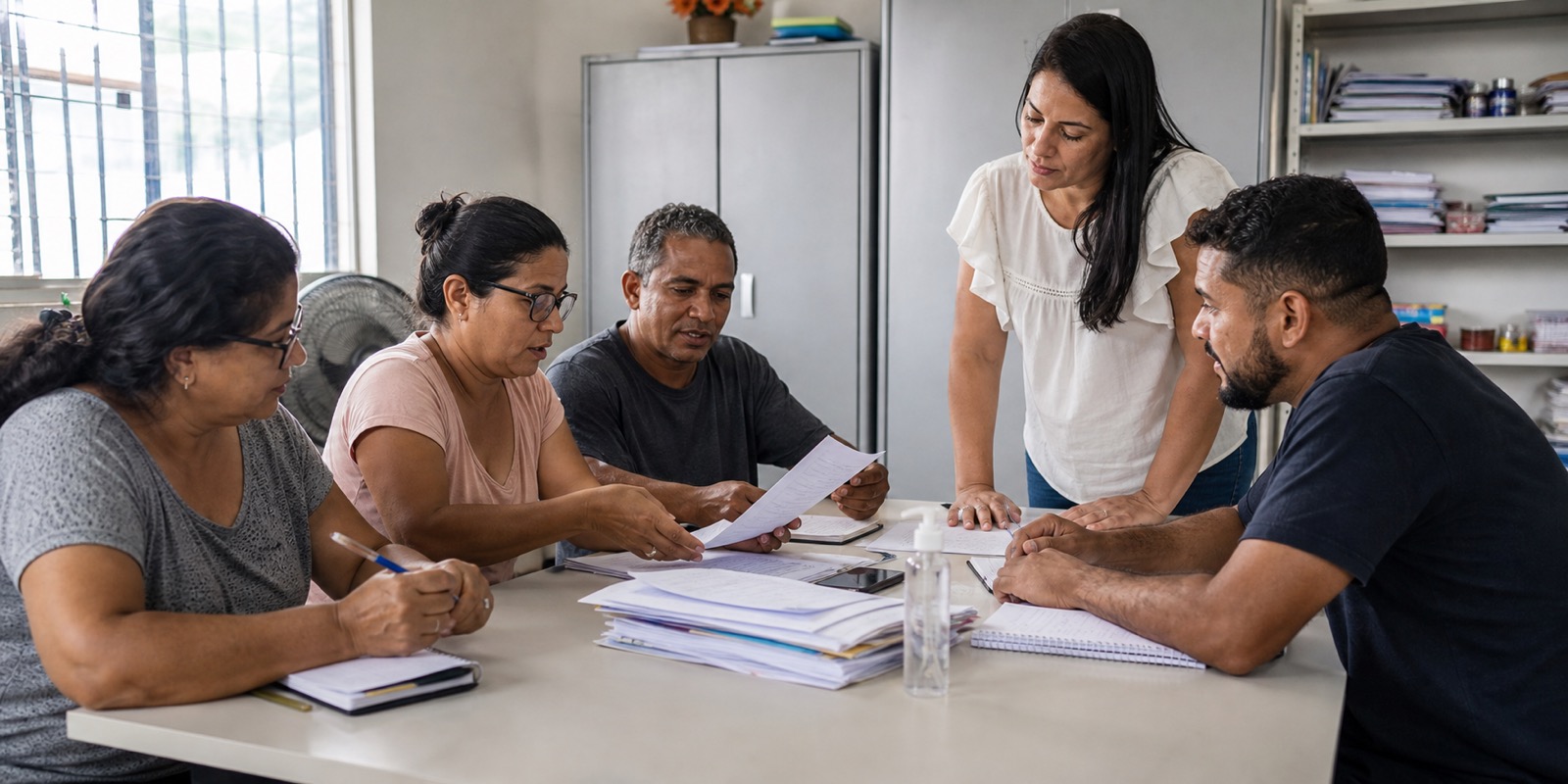 Comunidade escolar organiza registros de reunião sobre Câmara Municipal na educação.