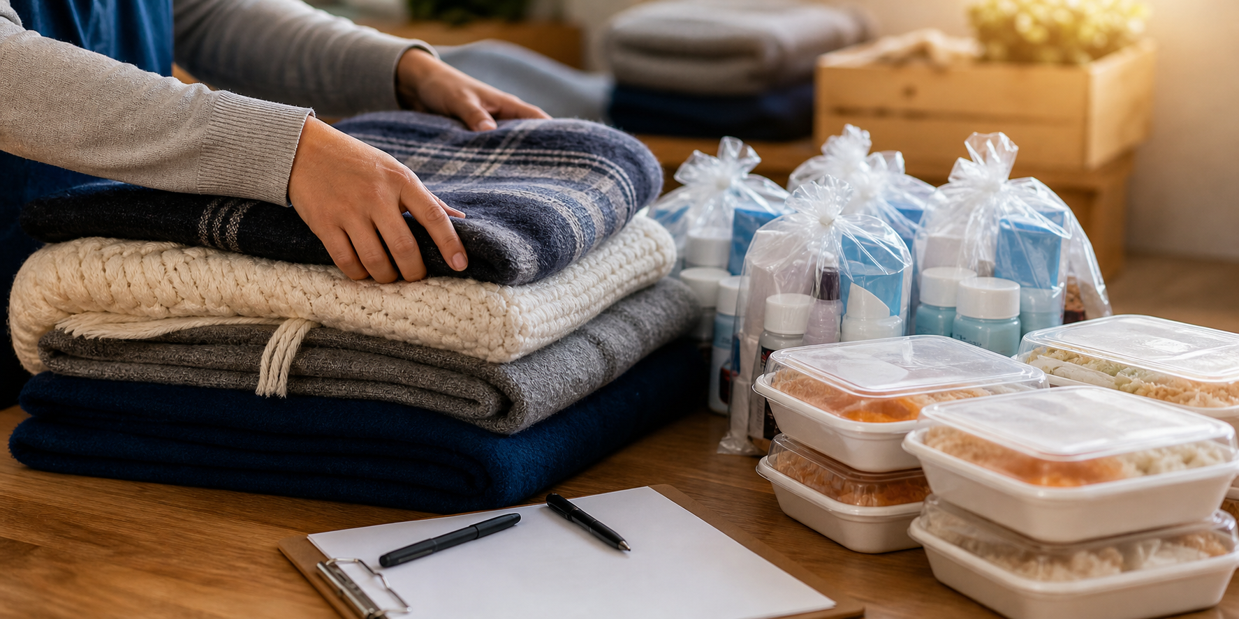 Cobertores, alimentos e kits de higiene organizados para acolhimento no inverno