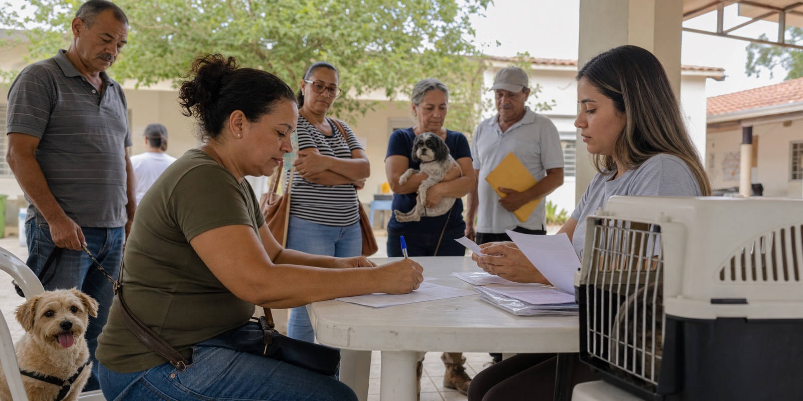 Cadastro de castração gratuita com tutor, equipe local, cão na guia e gato em caixa de transporte.