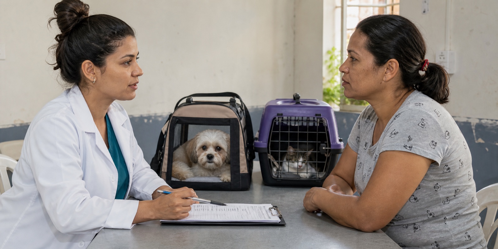 Veterinária explica cuidados depois da castração gratuita para família com animais em transporte seguro.