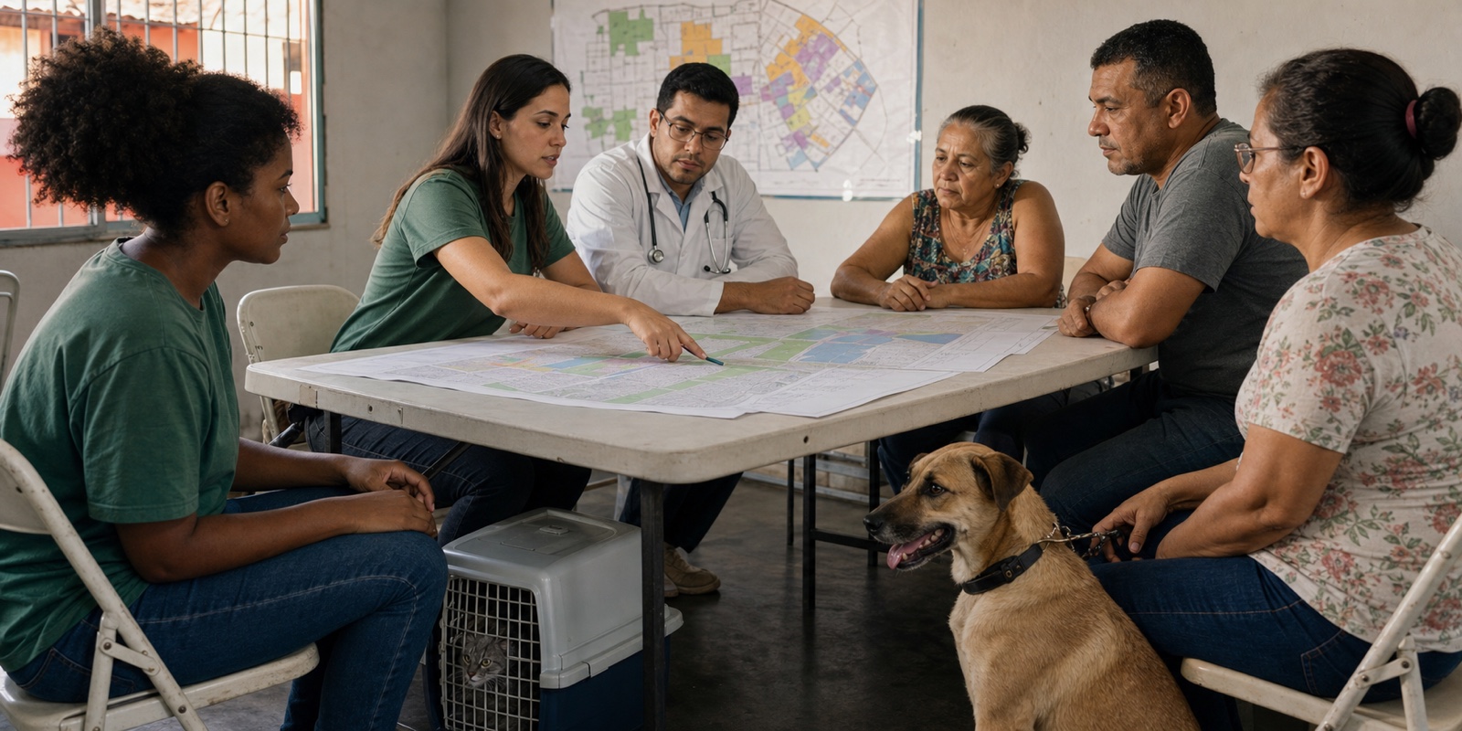 Voluntários e equipe técnica planejam prioridades de castração gratuita em reunião comunitária.
