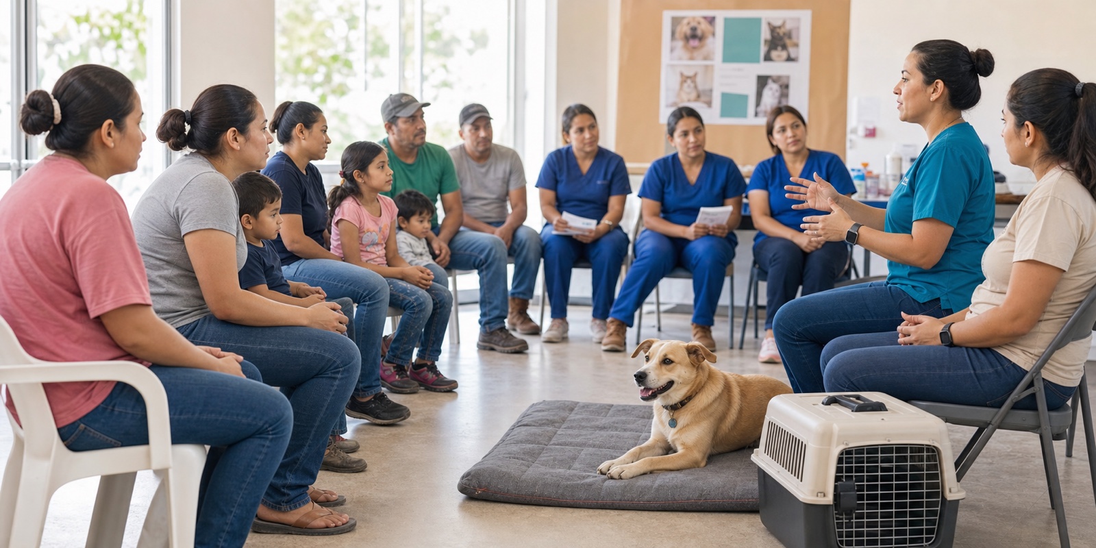 Educadora de saúde conversa com famílias e voluntários sobre zoonoses, vacinação e cuidado animal.