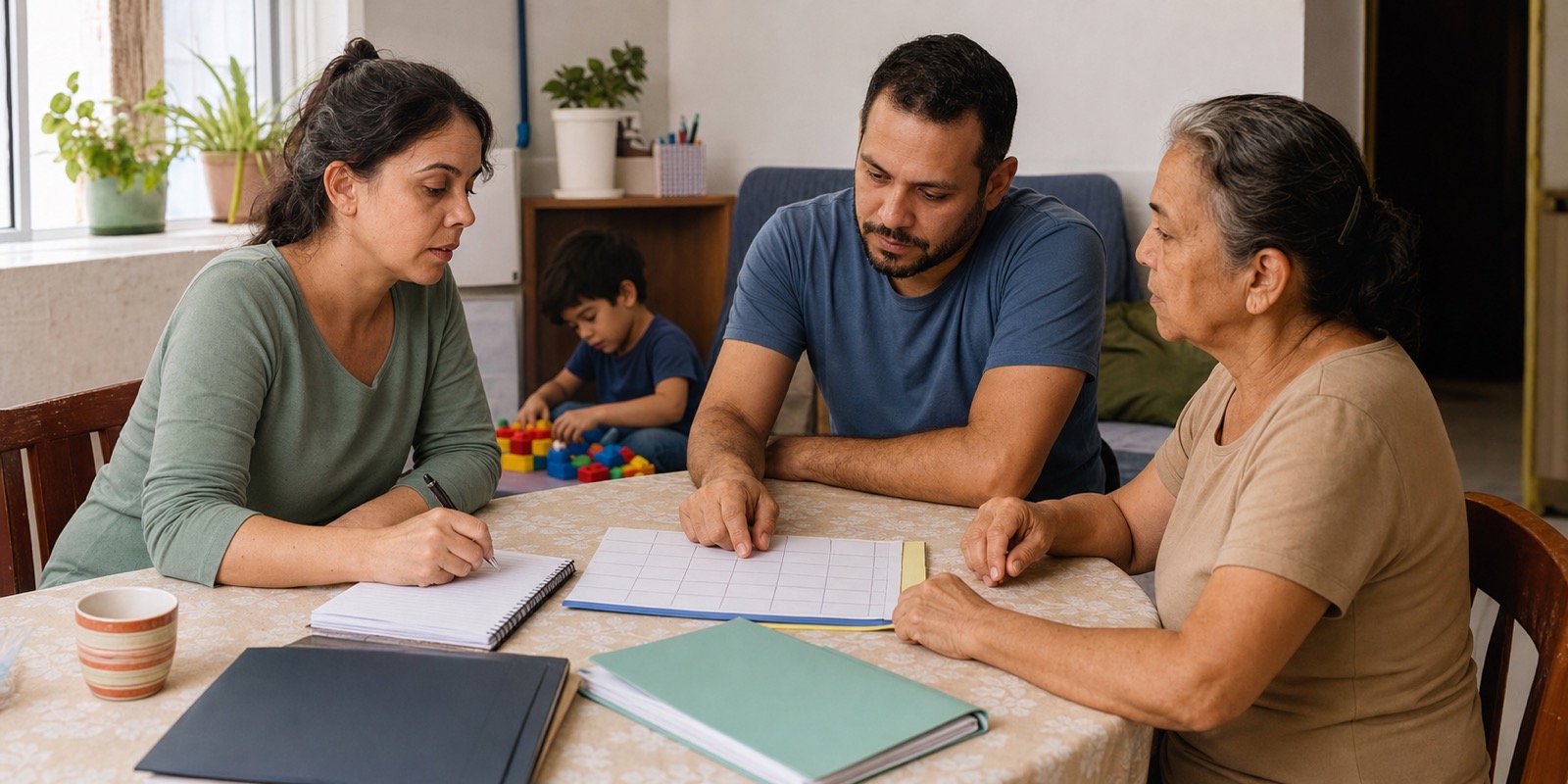 Família organiza calendário de cuidado em casa com apoio de profissional.