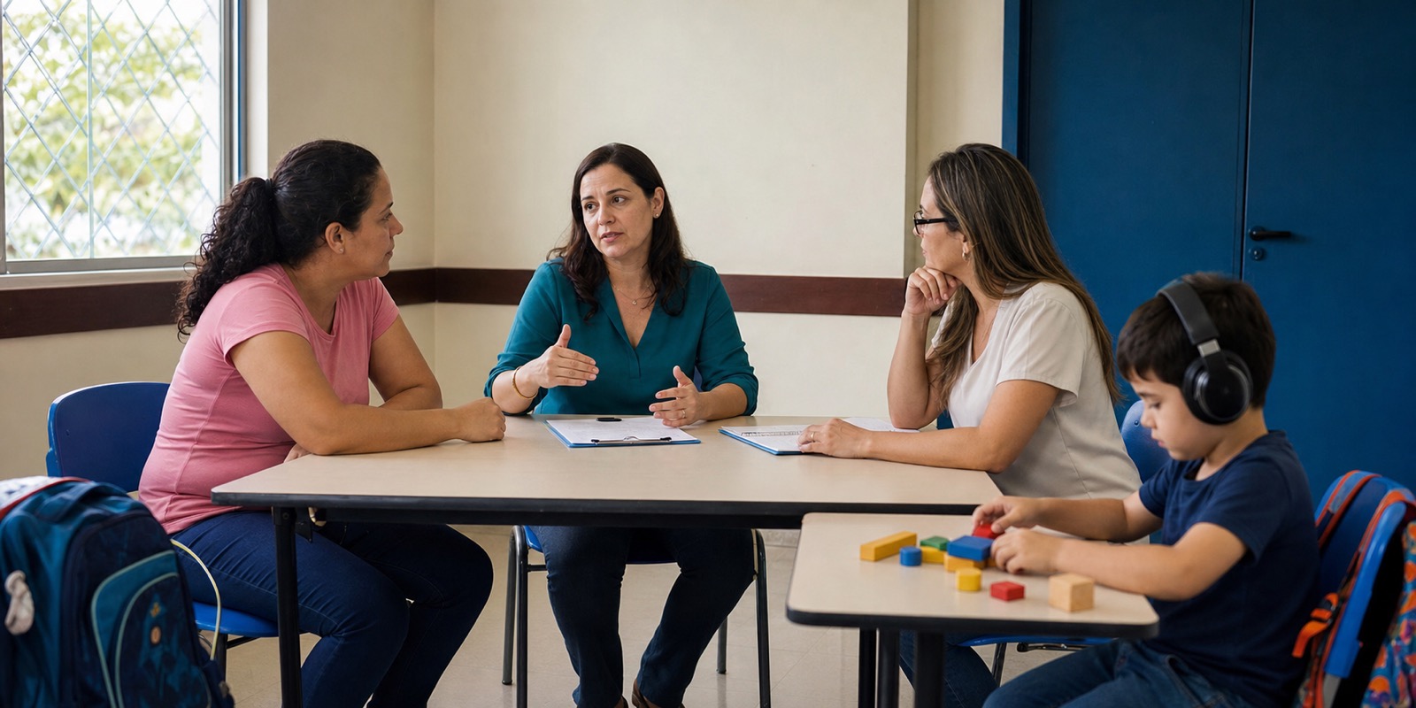 Profissionais de saúde, escola e assistência conversam com mãe sobre plano de cuidado.