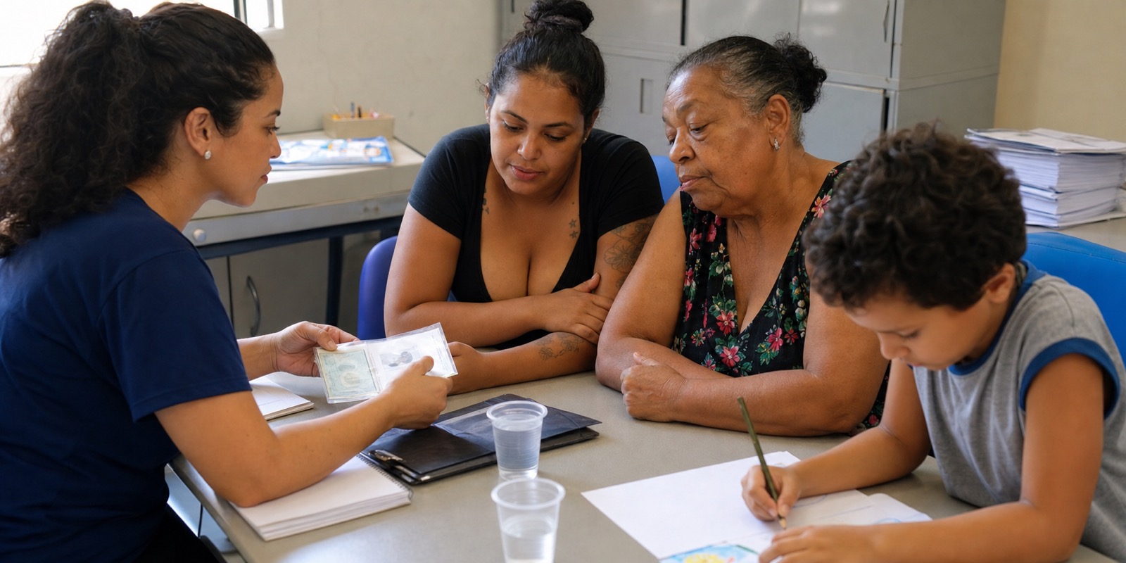 Mãe organiza documentos com profissional para receber orientação em centro de acolhimento.