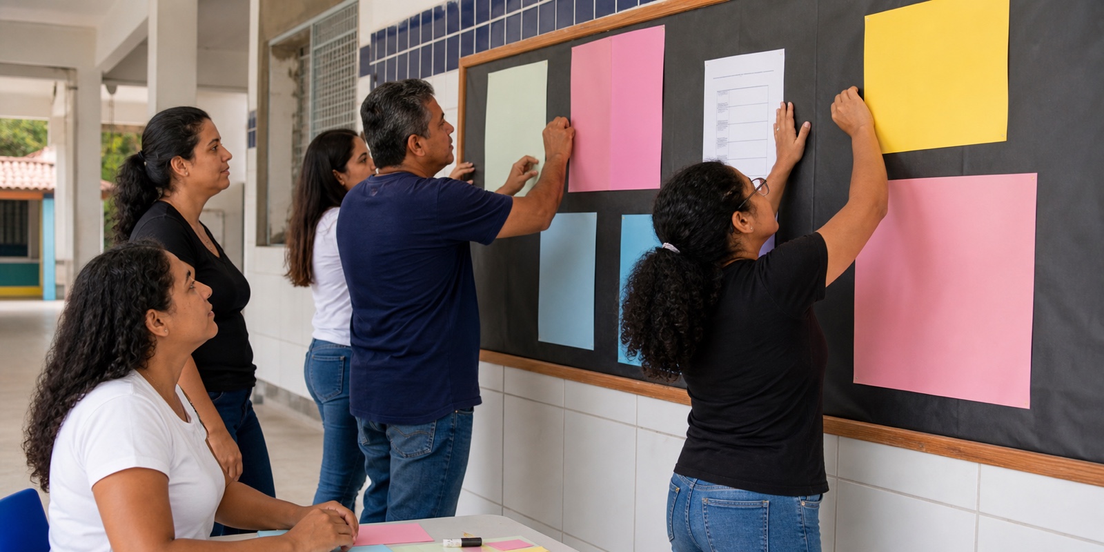 Responsáveis organizam mural escolar, imagem sobre Conselho de Pais e comunicação transparente.