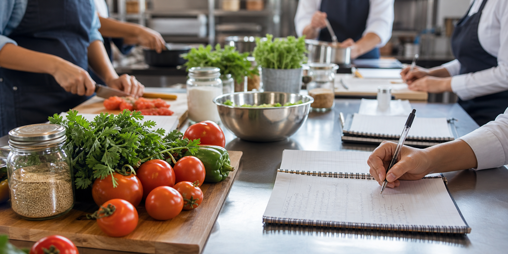 Participantes fazem anotações e preparam ingredientes em aula prática de culinária