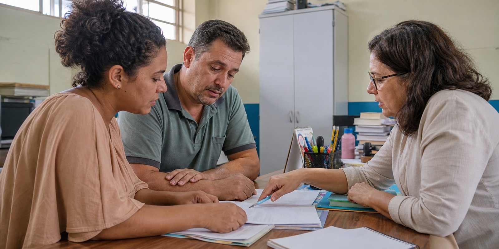 Responsáveis e coordenadora revisam documentos para entender o contexto de decisões pedagógicas.