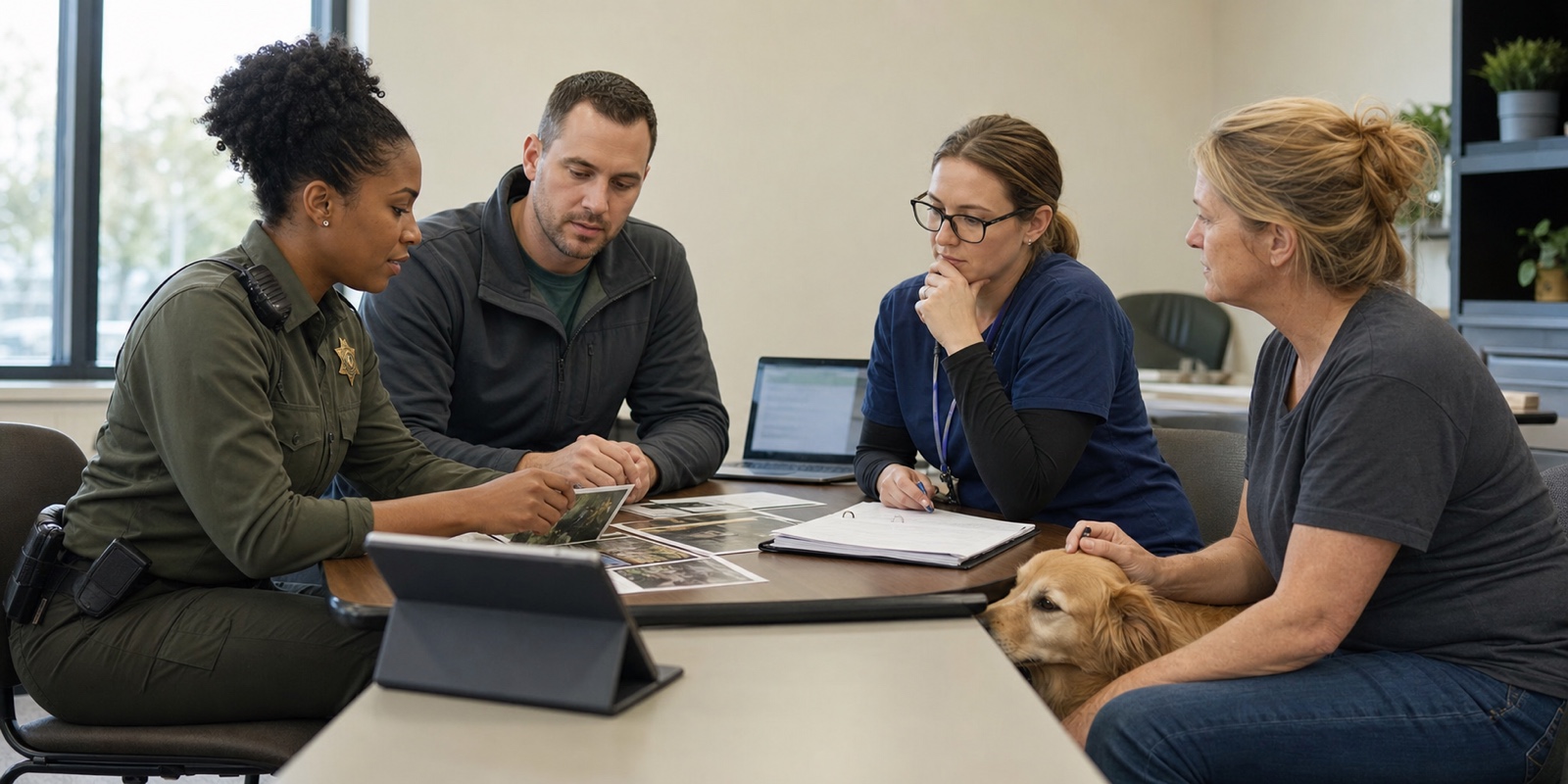 Equipe e tutora acompanham caso de Delegacia Pet com documentos e cão em ambiente seguro.