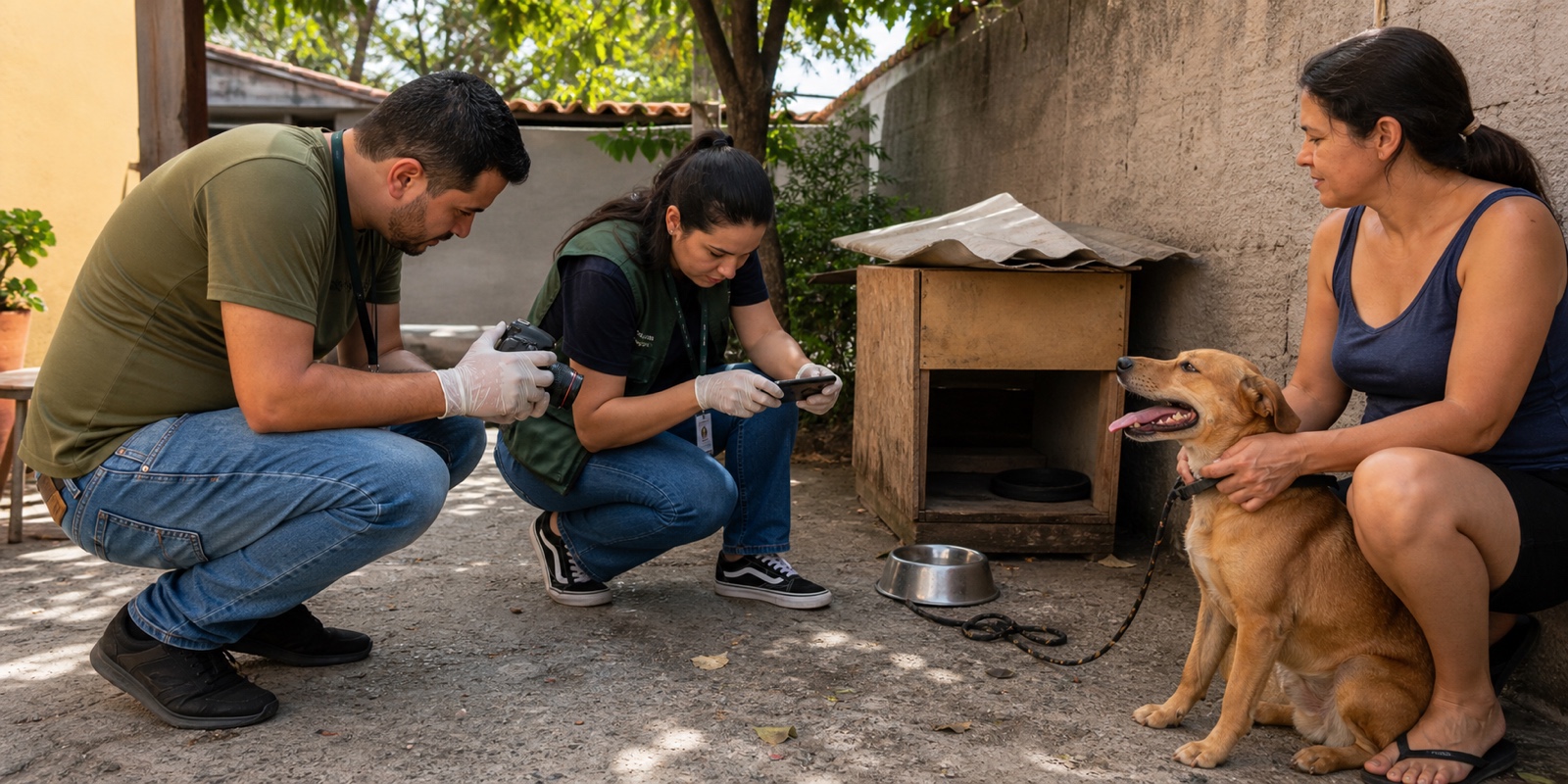 Profissionais registram provas para Delegacia Pet em visita responsável com cão em segurança.