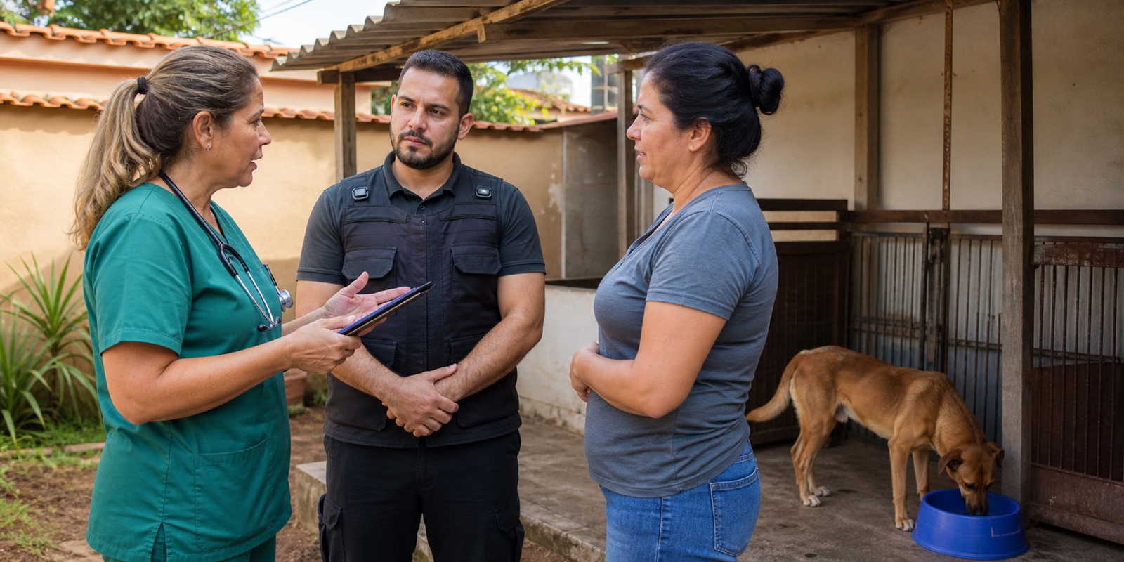 Profissional veterinária, agente público e moradora conversam durante vistoria de proteção animal.