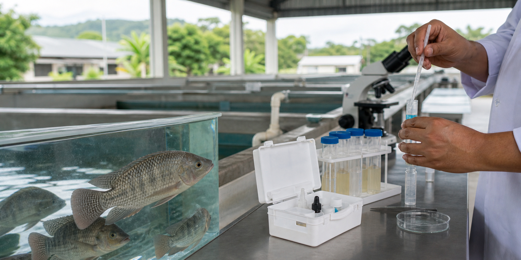 Amostras e equipamentos de diagnóstico usados para monitorar a saúde de peixes de cultivo