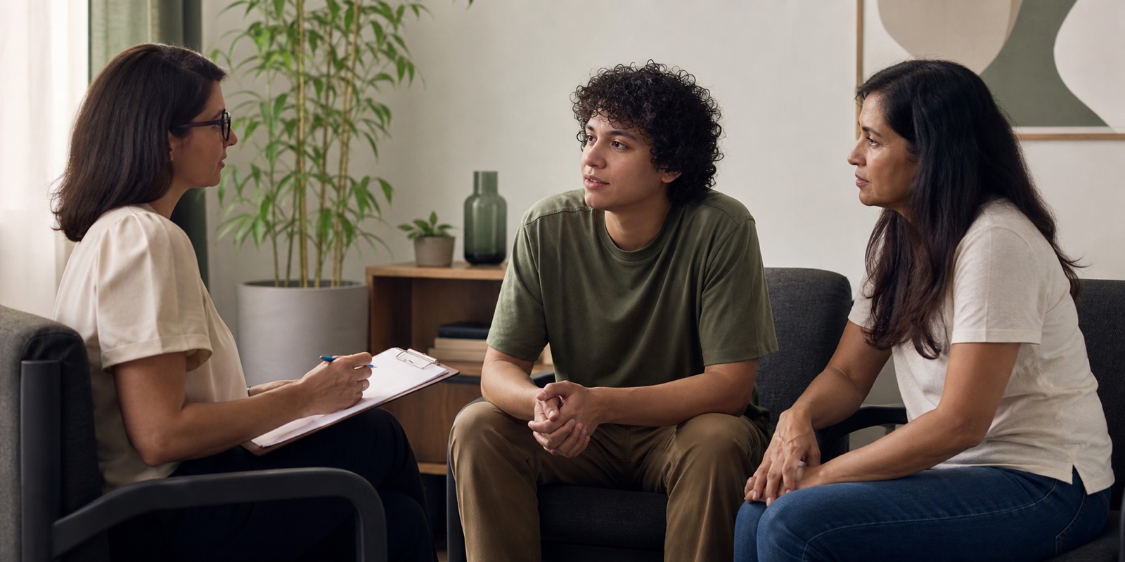 Jovem adulto conversa com profissional durante avaliação relacionada ao diagnóstico tardio de TEA.