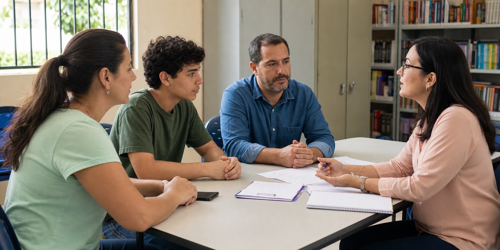 Família e escola discutem plano de apoio após diagnóstico tardio de TEA.