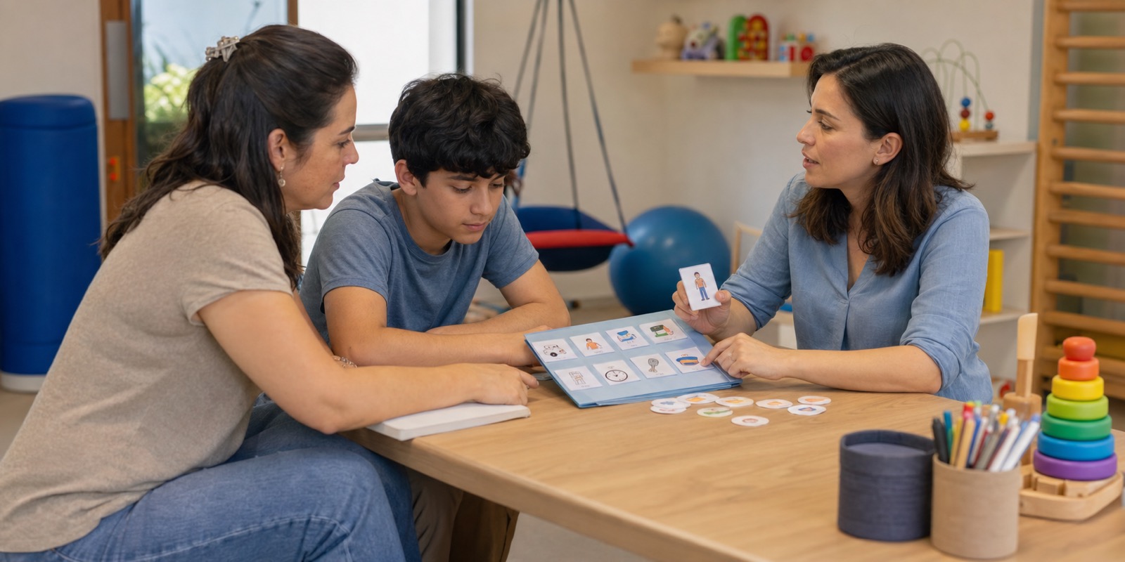 Terapeuta orienta família sobre rotina e tratamento após diagnóstico tardio de TEA.
