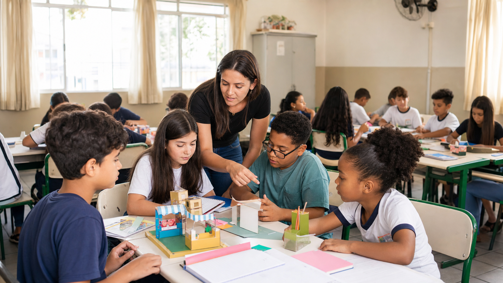 Professora orienta grupo de alunos em projeto escolar de empreendedorismo