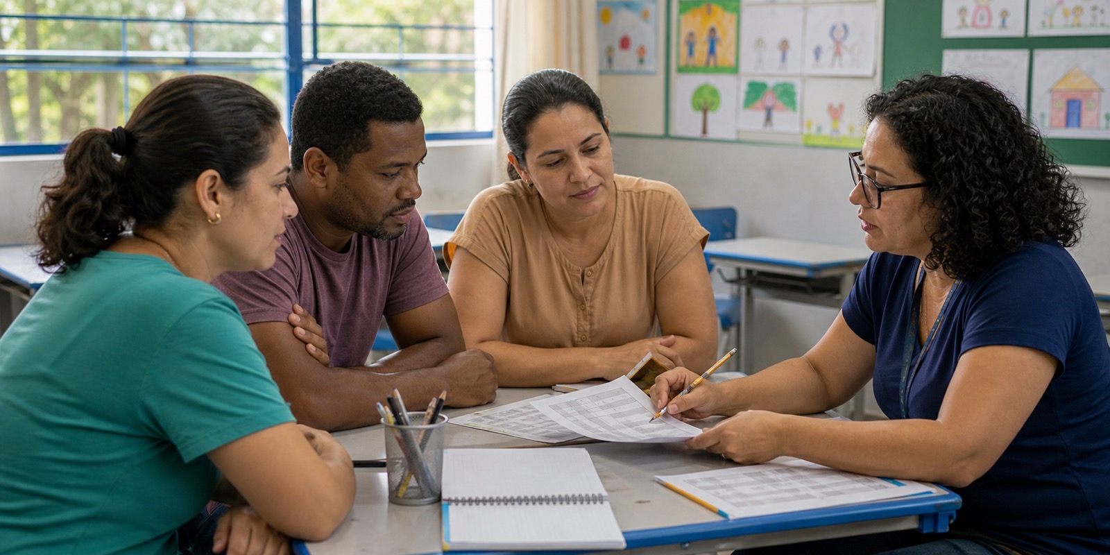Família e professora revisam planejamento escolar com transparência curricular.