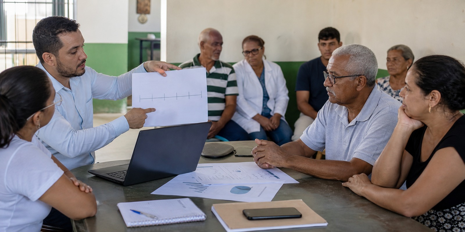 Moradores e profissionais acompanham informações de recurso para saúde em reunião de transparência pública.