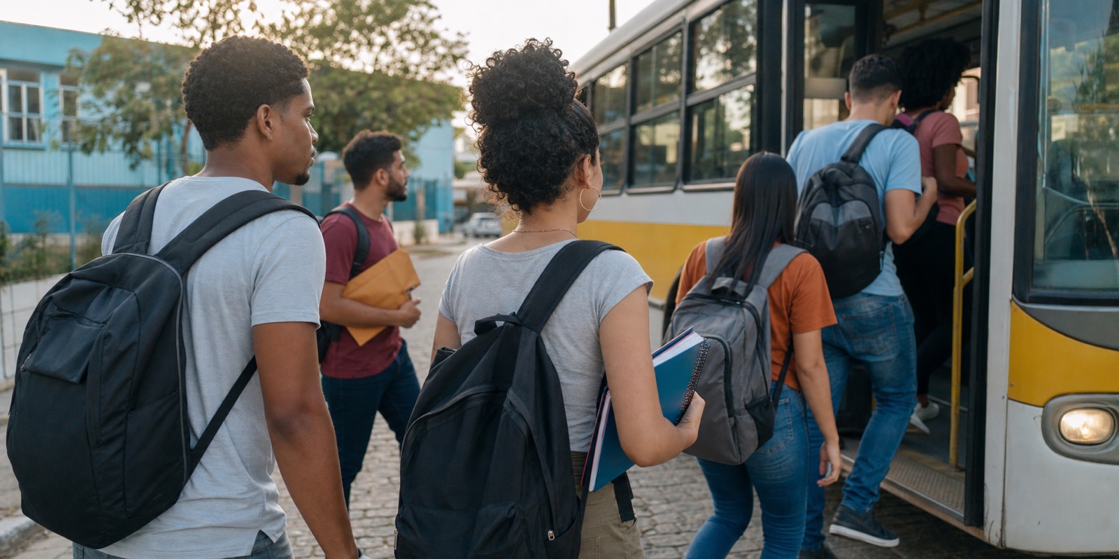Estudantes jovens com mochilas seguem para ônibus em trajeto de estudo e trabalho.