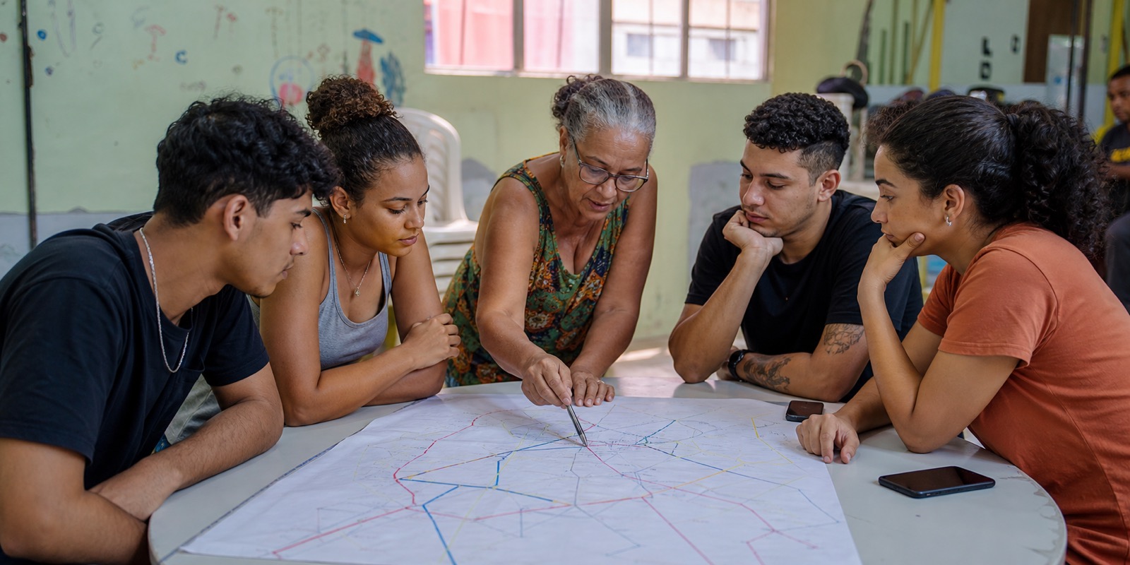 Moradores jovens analisam mapa simples de linhas e horários de ônibus em reunião comunitária.