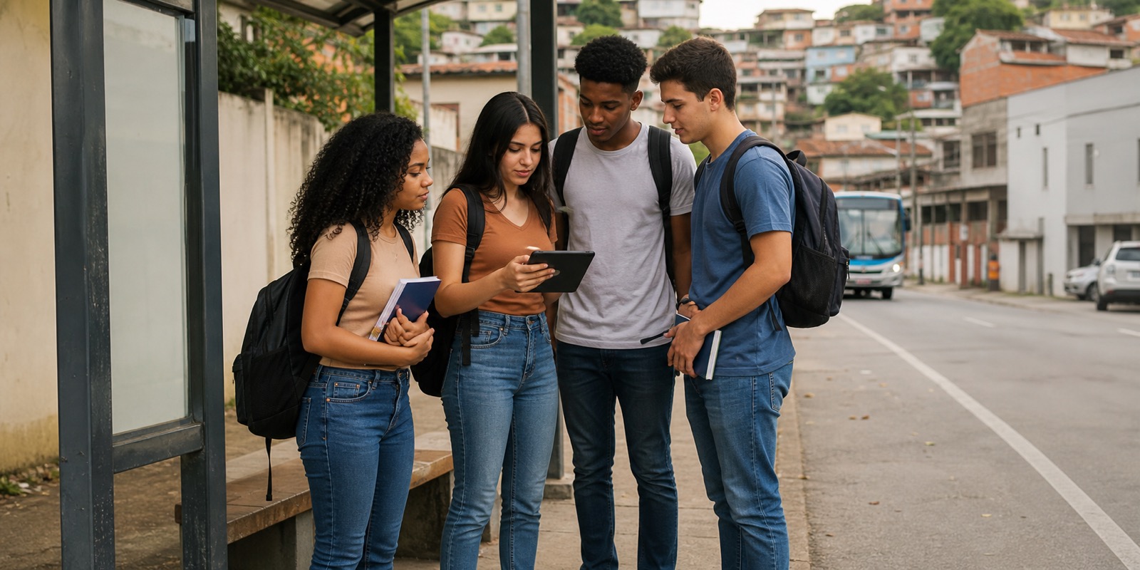 Jovens em ponto de ônibus de bairro periférico observam horários de transporte público.