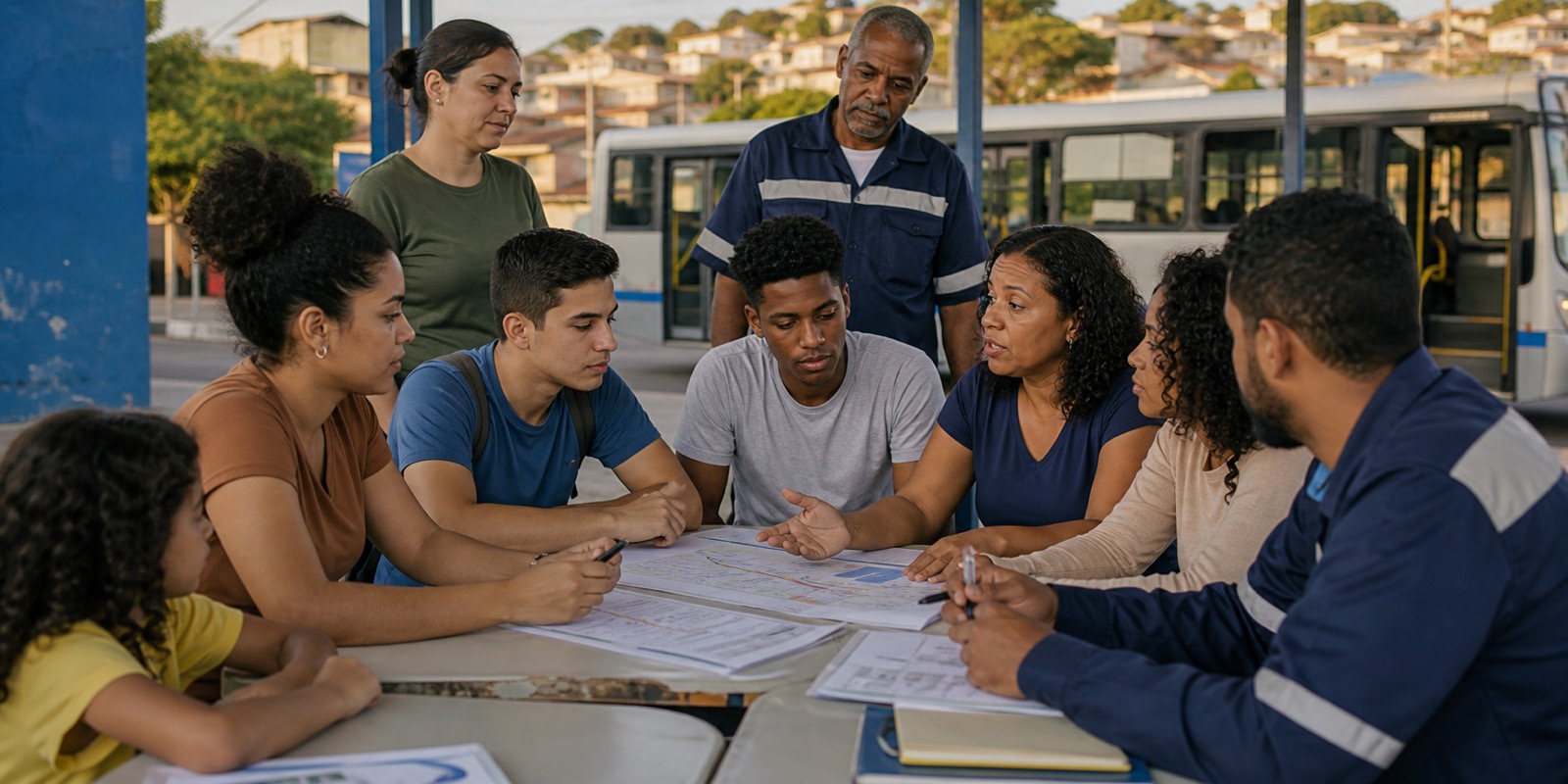 Jovens, familiares e técnicos conversam sobre soluções de mobilidade em bairro periférico.