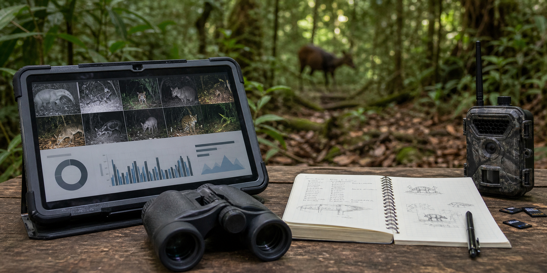 Equipamentos de campo mostram dados de monitoramento de animais silvestres em area protegida