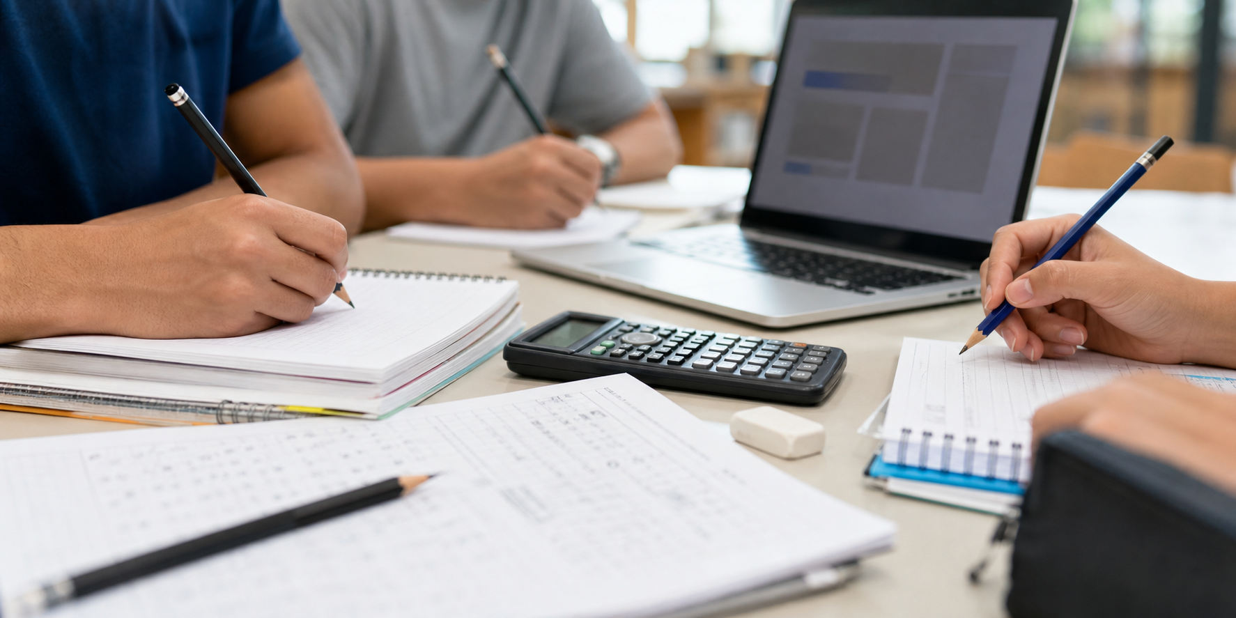 Cadernos e materiais de estudo organizados para preparação de vestibulares de Etec e Fatec
